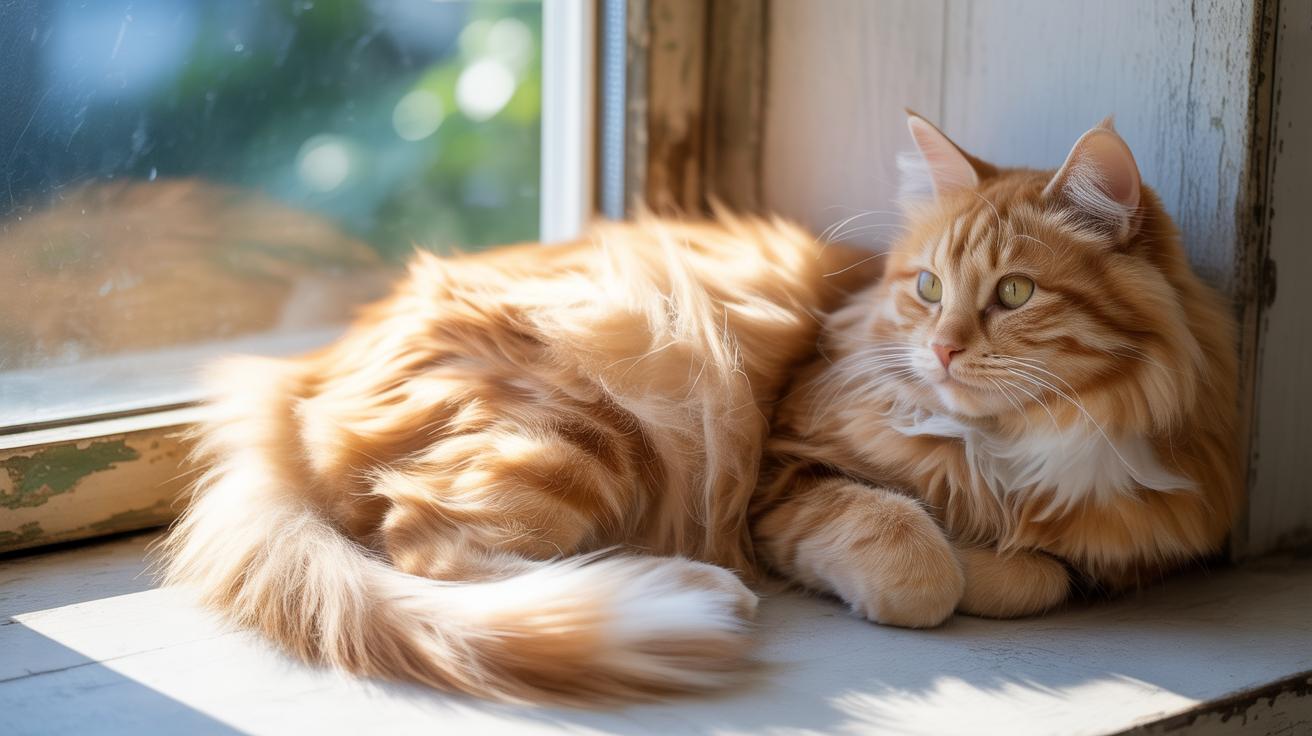 Chat roux endormi sur rebord de fenêtre ensoleillé