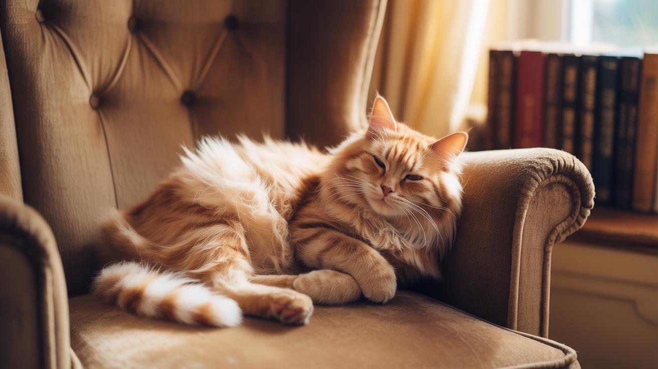 Chat roux sur fauteuil en velours baigné de lumière