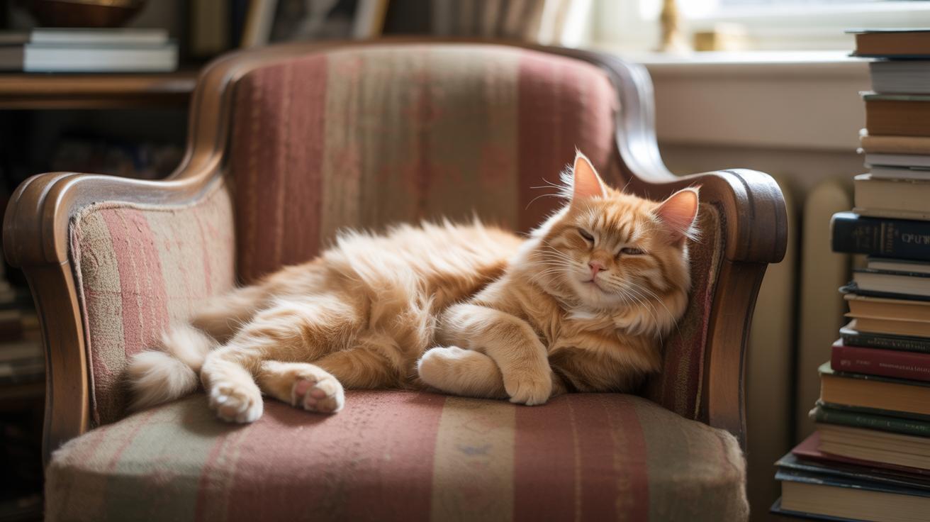 Chat roux paisiblement endormi sur un fauteuil vintage