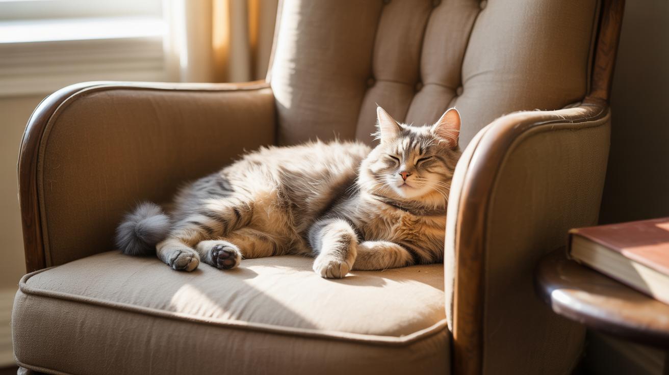 Chat tigré endormi sur un grand fauteuil moelleux