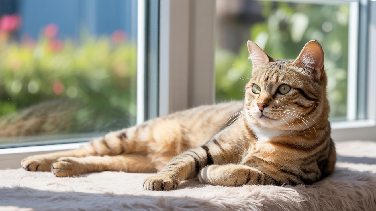 Chat tigré allongé au soleil sur un rebord de fenêtre