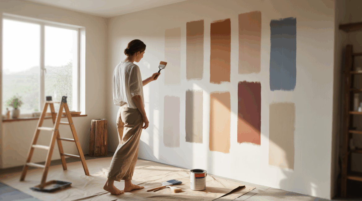 Personne choisissant une couleur de peinture intérieure en comparant des échantillons colorés sur un mur dans un salon lumineux et naturel.