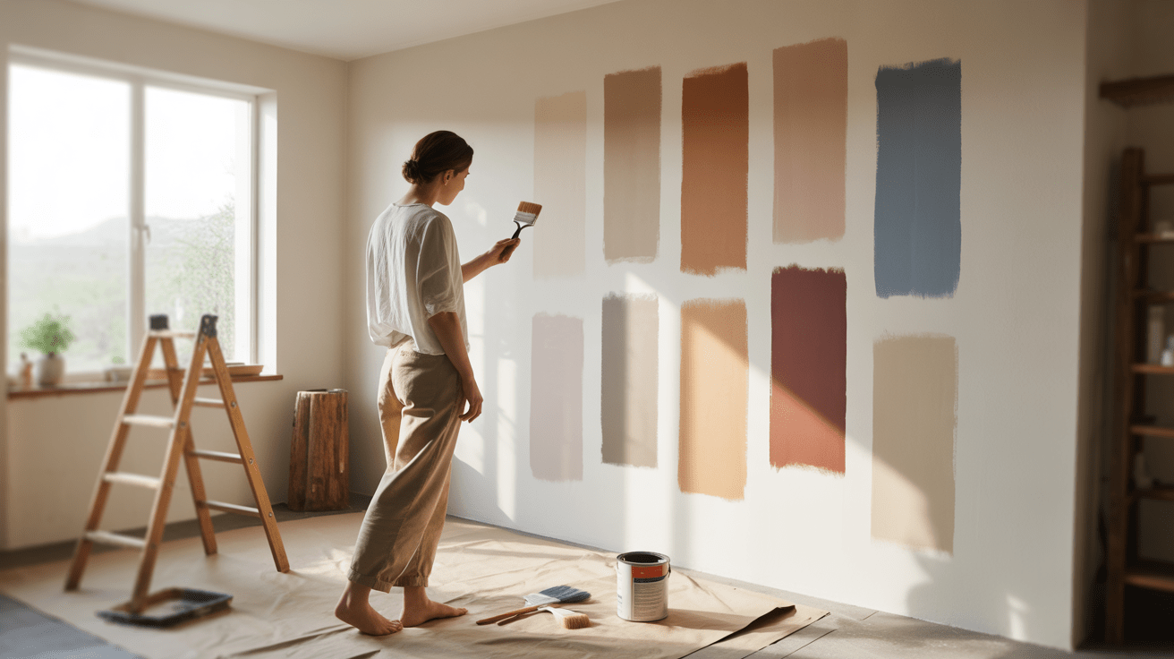 Personne choisissant une couleur de peinture intérieure en comparant des échantillons colorés sur un mur dans un salon lumineux et naturel.