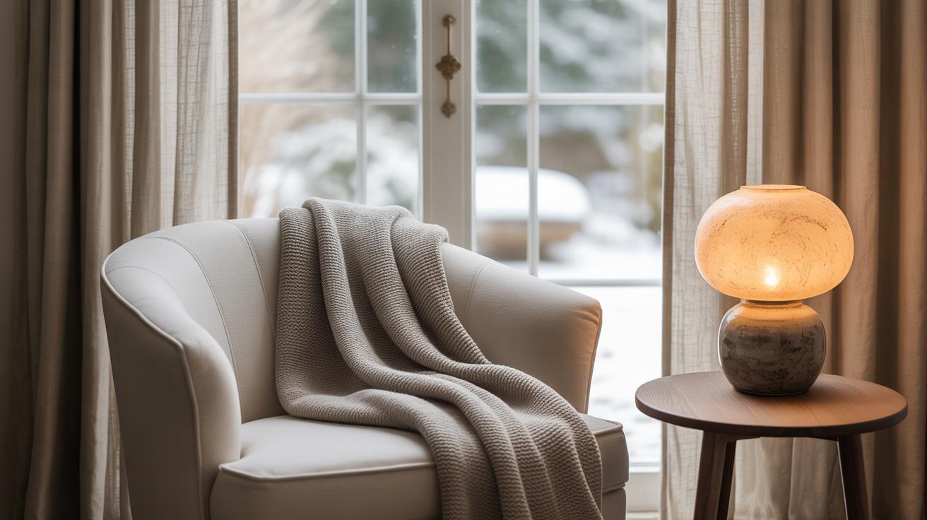 Coin de chambre cosy avec fauteuil crème près d'une fenêtre enneigée