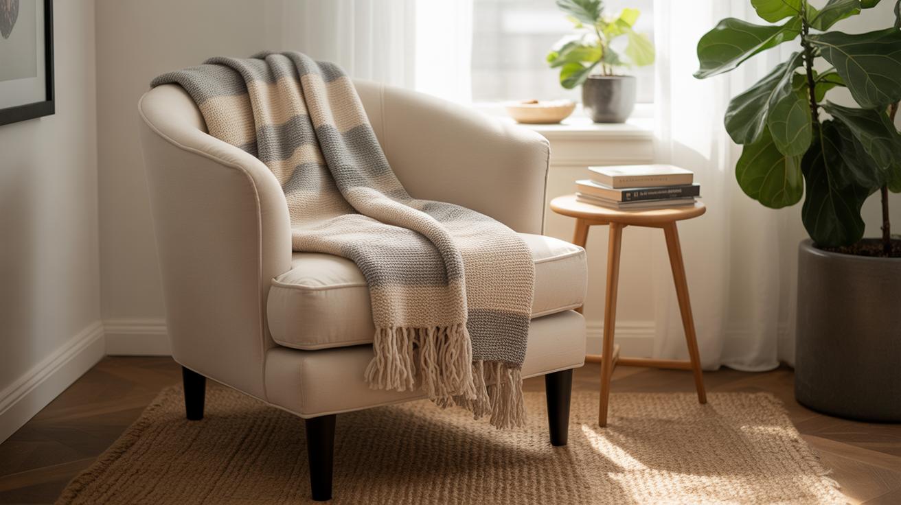 Coin lecture cosy avec fauteuil crème et plante verte