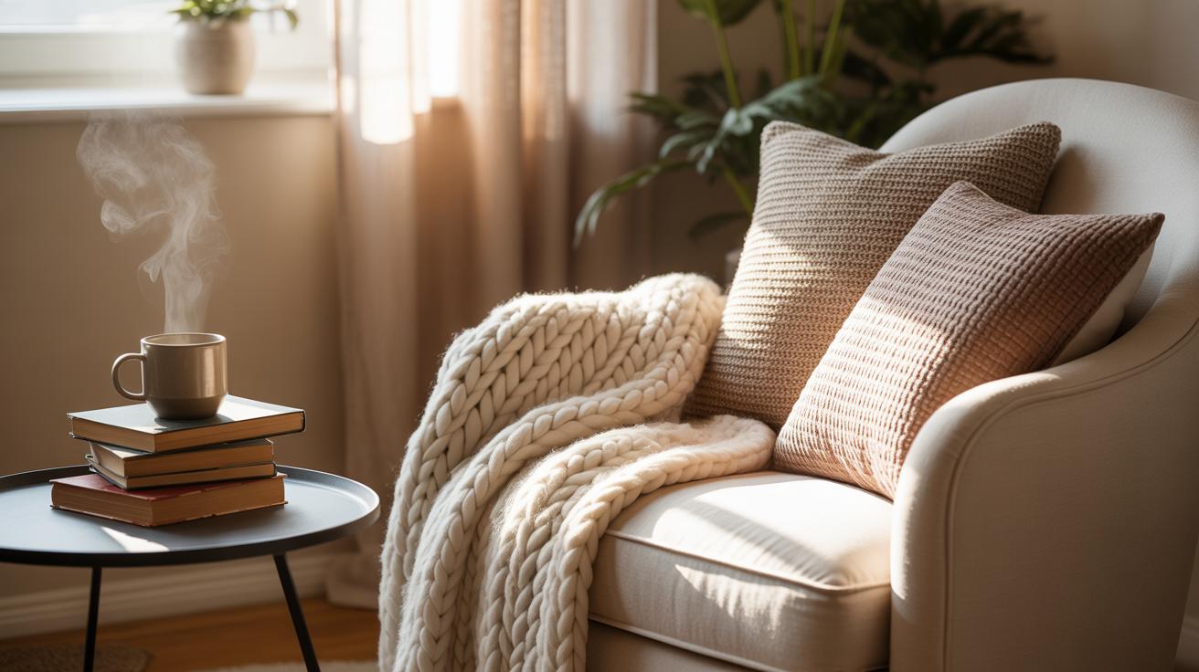 Coin lecture lumineux avec fauteuil crème, plaid en tricot et tasse de café