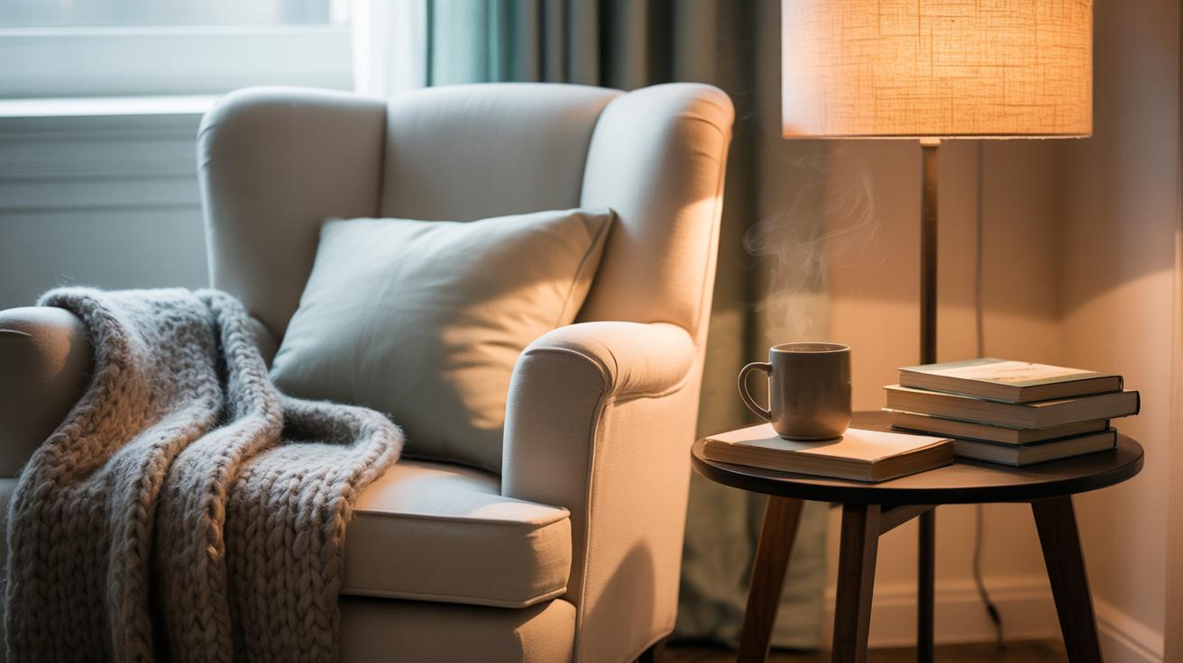 Coin lecture apaisant avec fauteuil crème et plaid gris