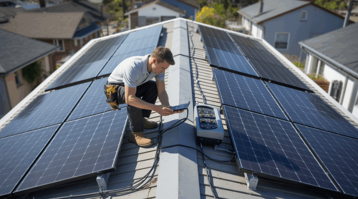 Scène réaliste d'un technicien comparant des panneaux solaires équipés de micro-onduleurs et d'un onduleur central sur le toit d'une maison moderne.