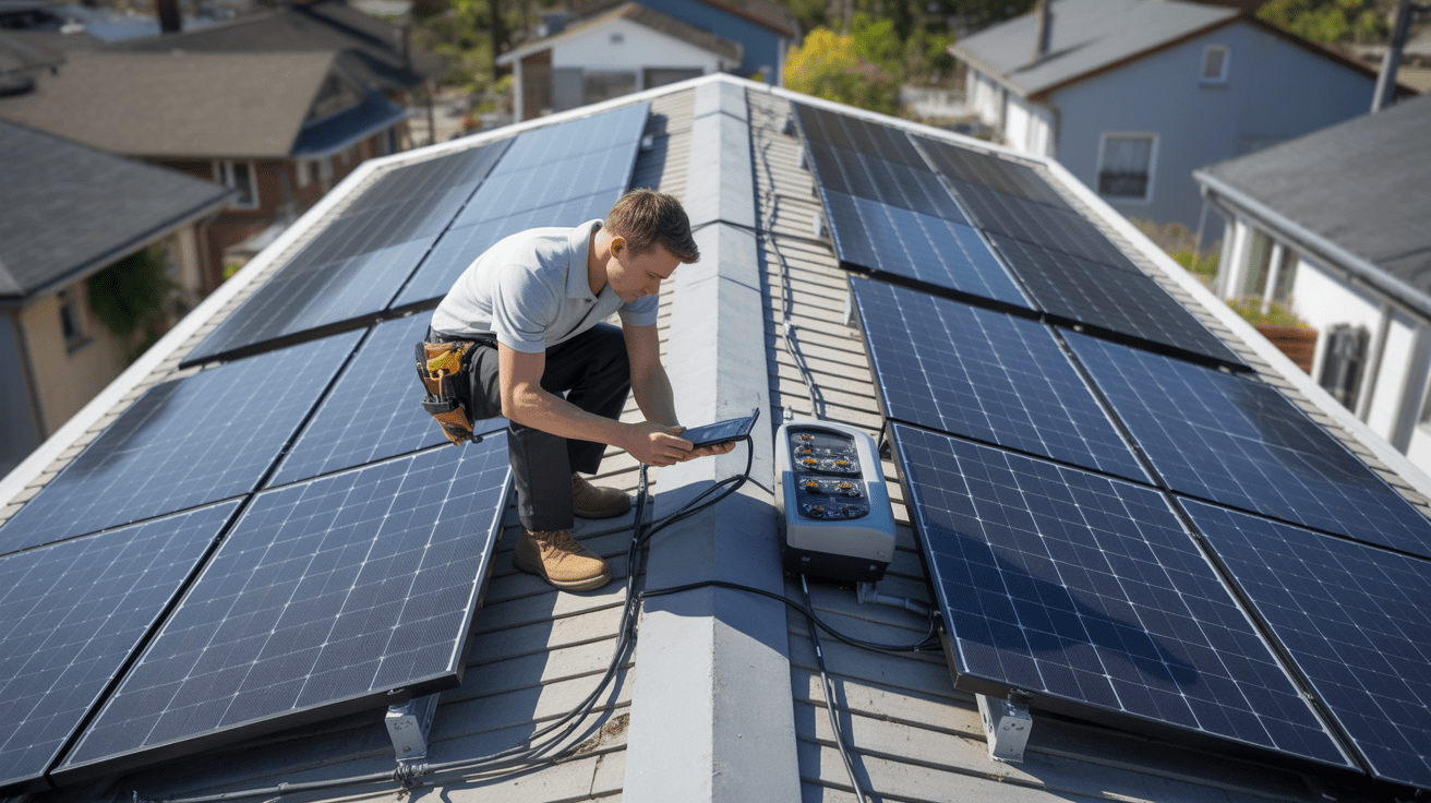 Scène réaliste d'un technicien comparant des panneaux solaires équipés de micro-onduleurs et d'un onduleur central sur le toit d'une maison moderne.