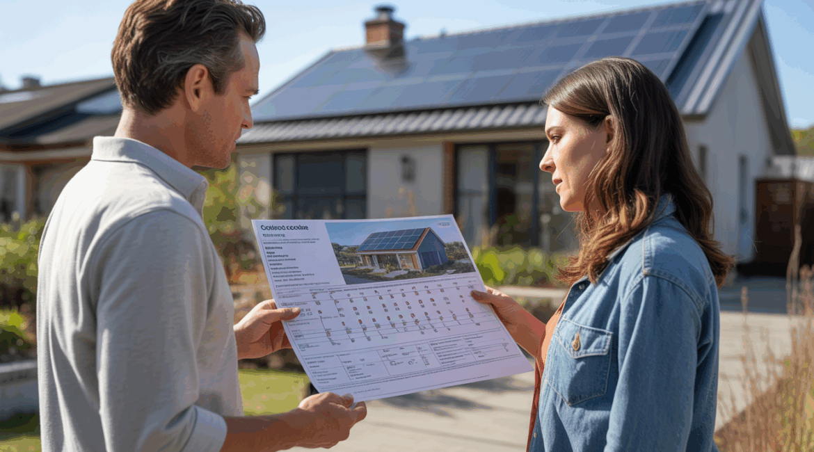 Scène réaliste d'un propriétaire examinant un devis de panneaux solaires avec un consultant devant une maison équipée de panneaux solaires.