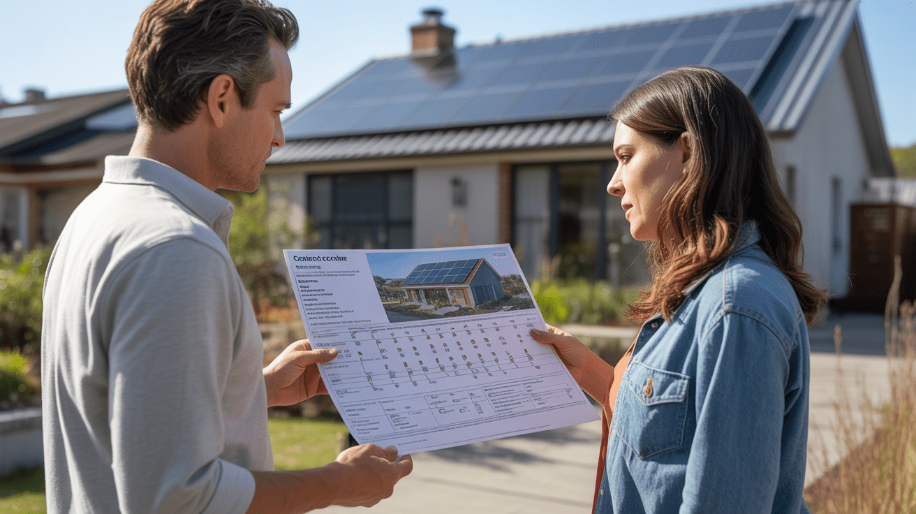 Scène réaliste d'un propriétaire examinant un devis de panneaux solaires avec un consultant devant une maison équipée de panneaux solaires.