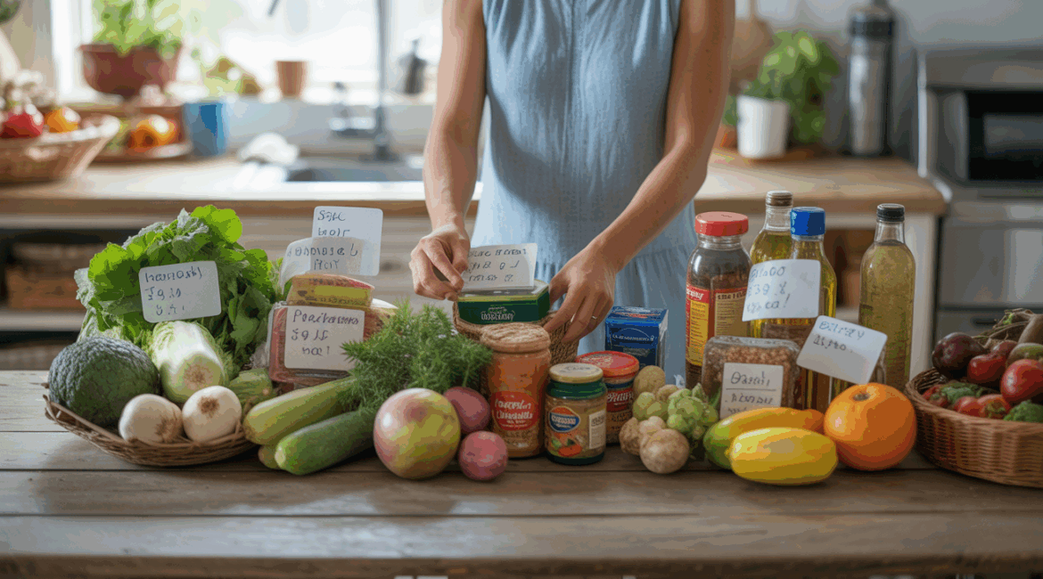 Photo réaliste d’un petit assortiment de courses économiques sur une table de cuisine, avec légumes frais, fruits de saison et produits essentiels, dans une scène naturelle et authentique.