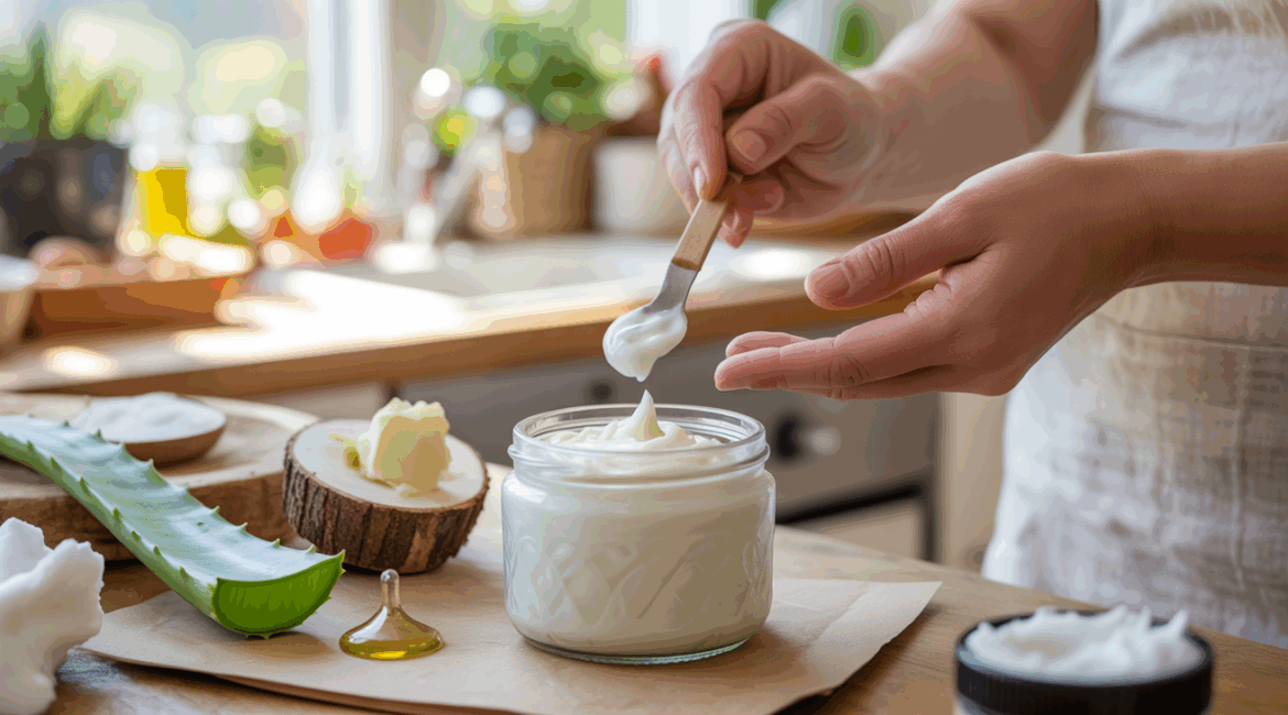 Scène réaliste d’une crème hydratante maison préparée dans une cuisine lumineuse avec ingrédients naturels.
