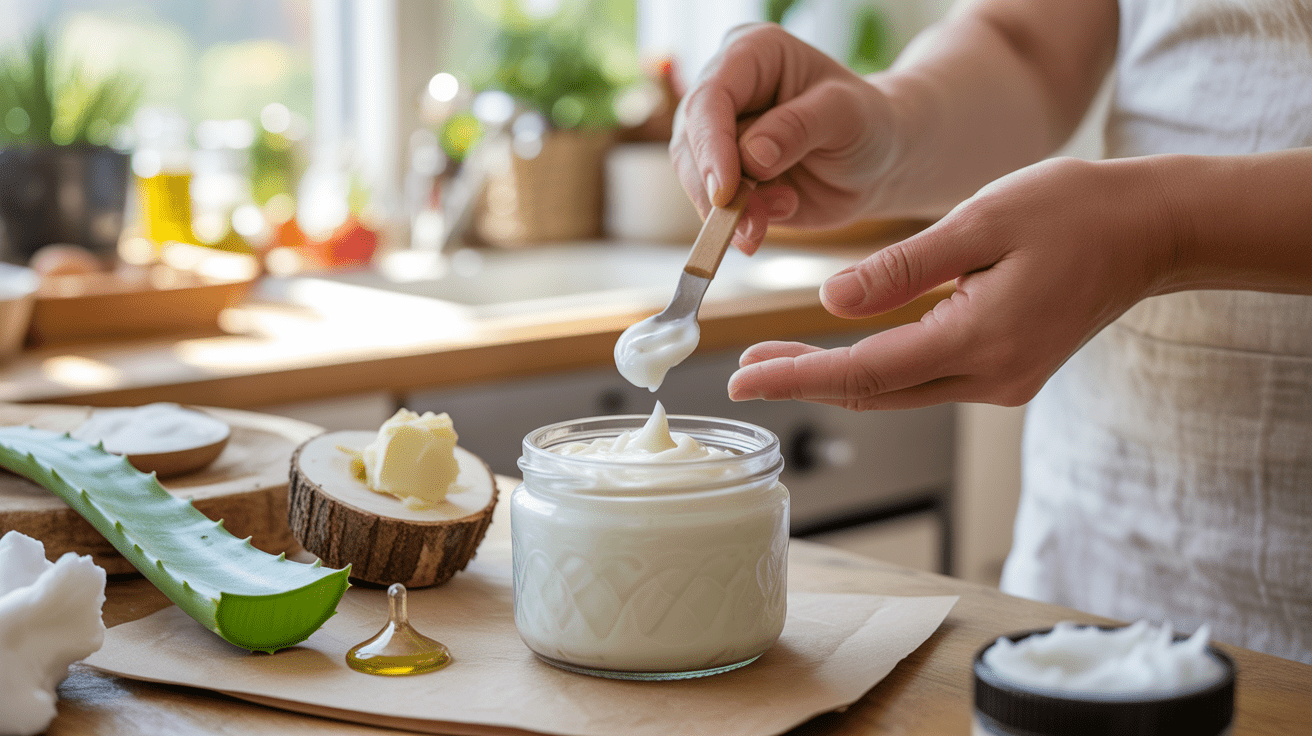 Scène réaliste d’une crème hydratante maison préparée dans une cuisine lumineuse avec ingrédients naturels.
