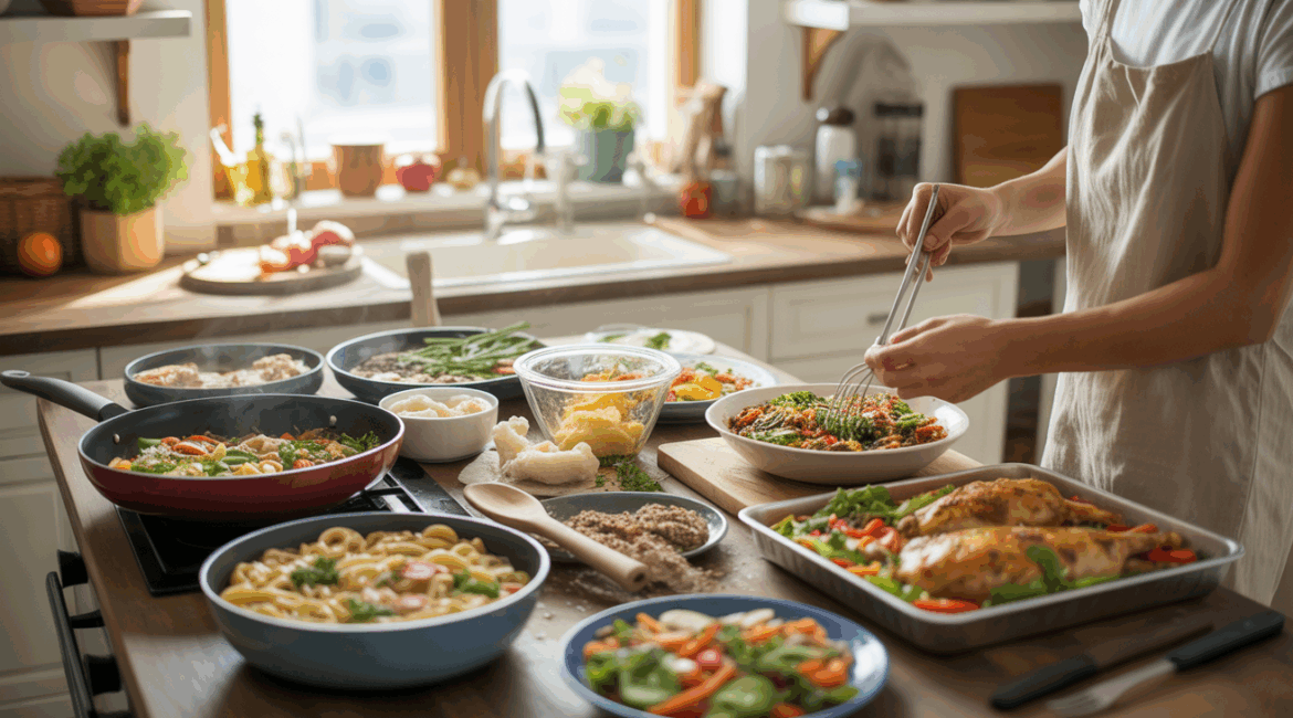 Cuisine chaleureuse et réaliste montrant plusieurs plats simples et colorés en préparation sur un plan de travail, avec des mains humaines cuisinant et une ambiance naturelle et authentique.
