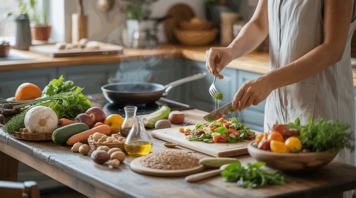 Scène de cuisine naturelle montrant une table en bois remplie d’ingrédients frais et colorés, avec des mains en train de préparer un repas équilibré dans une cuisine authentique et lumineuse.