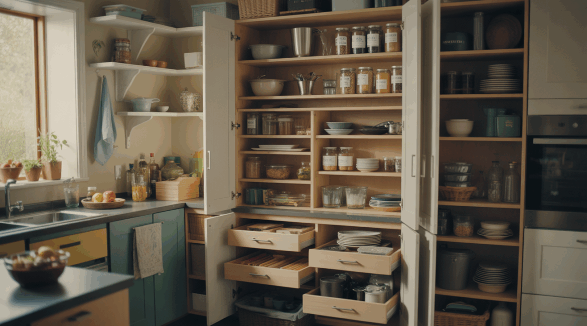 Cuisine réaliste et lumineuse avec placards ouverts montrant un rangement organisé et naturel.