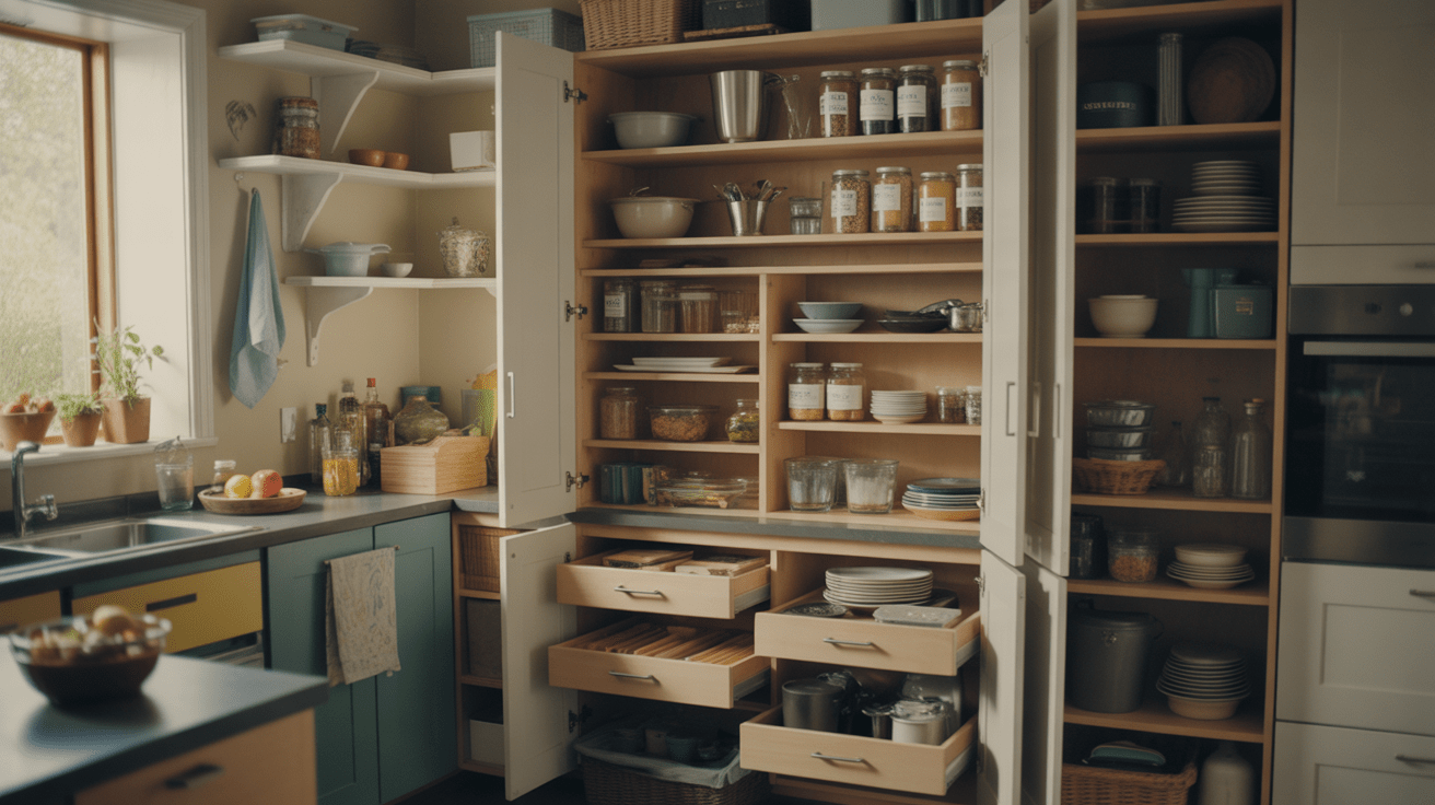 Cuisine réaliste et lumineuse avec placards ouverts montrant un rangement organisé et naturel.