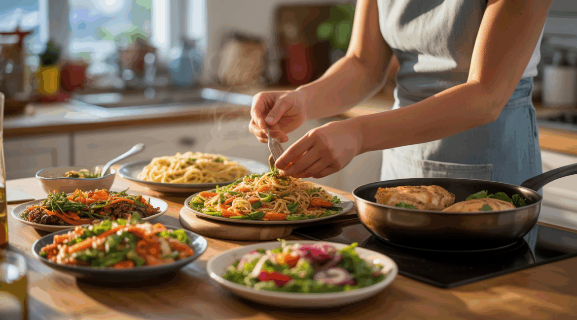 Personne préparant un repas du soir rapide dans une cuisine familiale avec plusieurs plats prêts en 20 minutes, ambiance chaleureuse et réaliste.