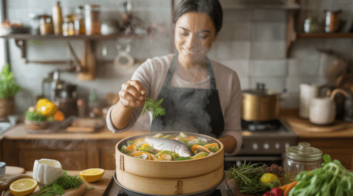 Scène de cuisine chaleureuse avec un chef préparant des légumes et du poisson à la vapeur dans un panier en bambou, avec des ingrédients frais et un décor authentique.
