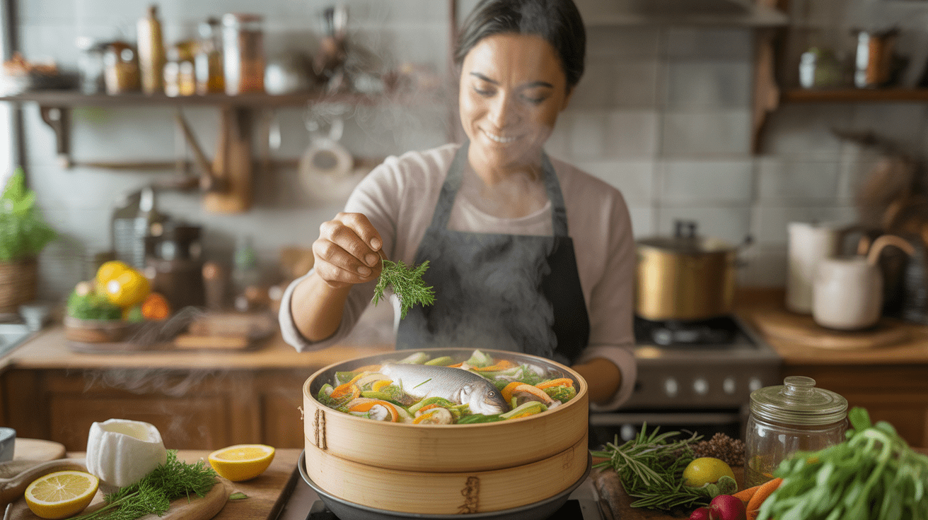 Scène de cuisine chaleureuse avec un chef préparant des légumes et du poisson à la vapeur dans un panier en bambou, avec des ingrédients frais et un décor authentique.