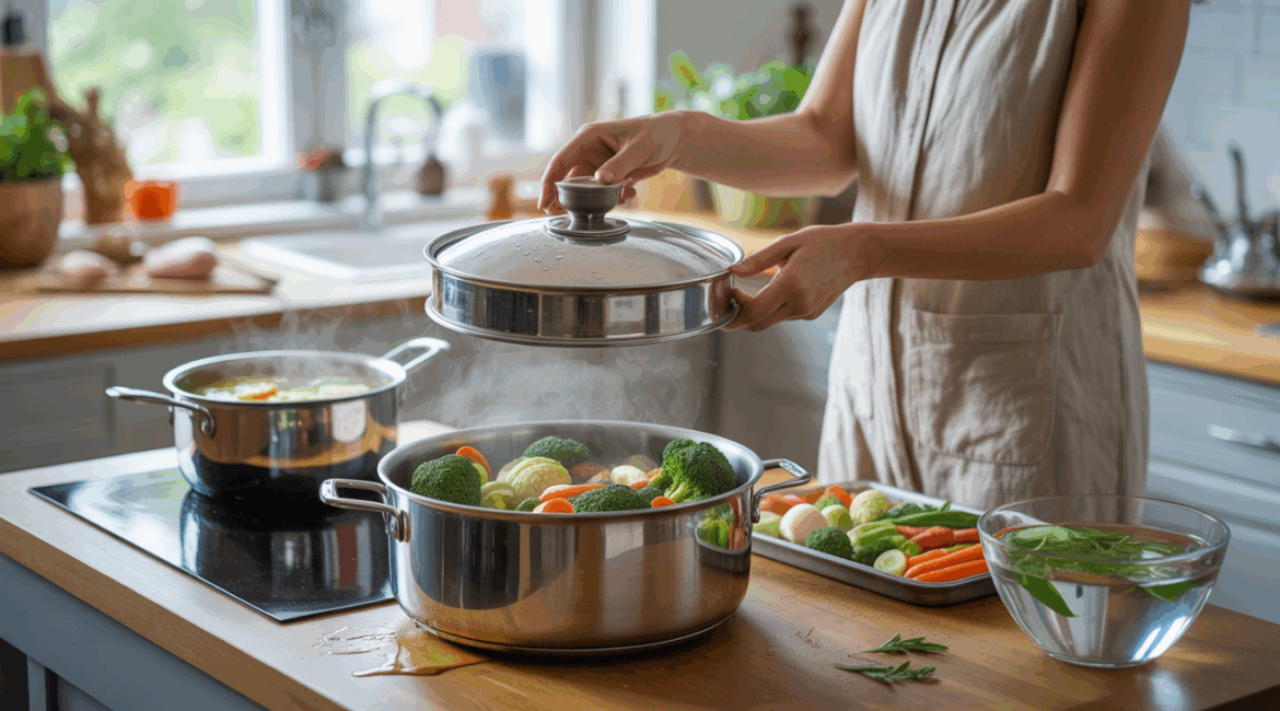 Cuisine realiste montrant une cuisson douce vapeur de legumes frais dans une cuisine authentique et lumineuse.