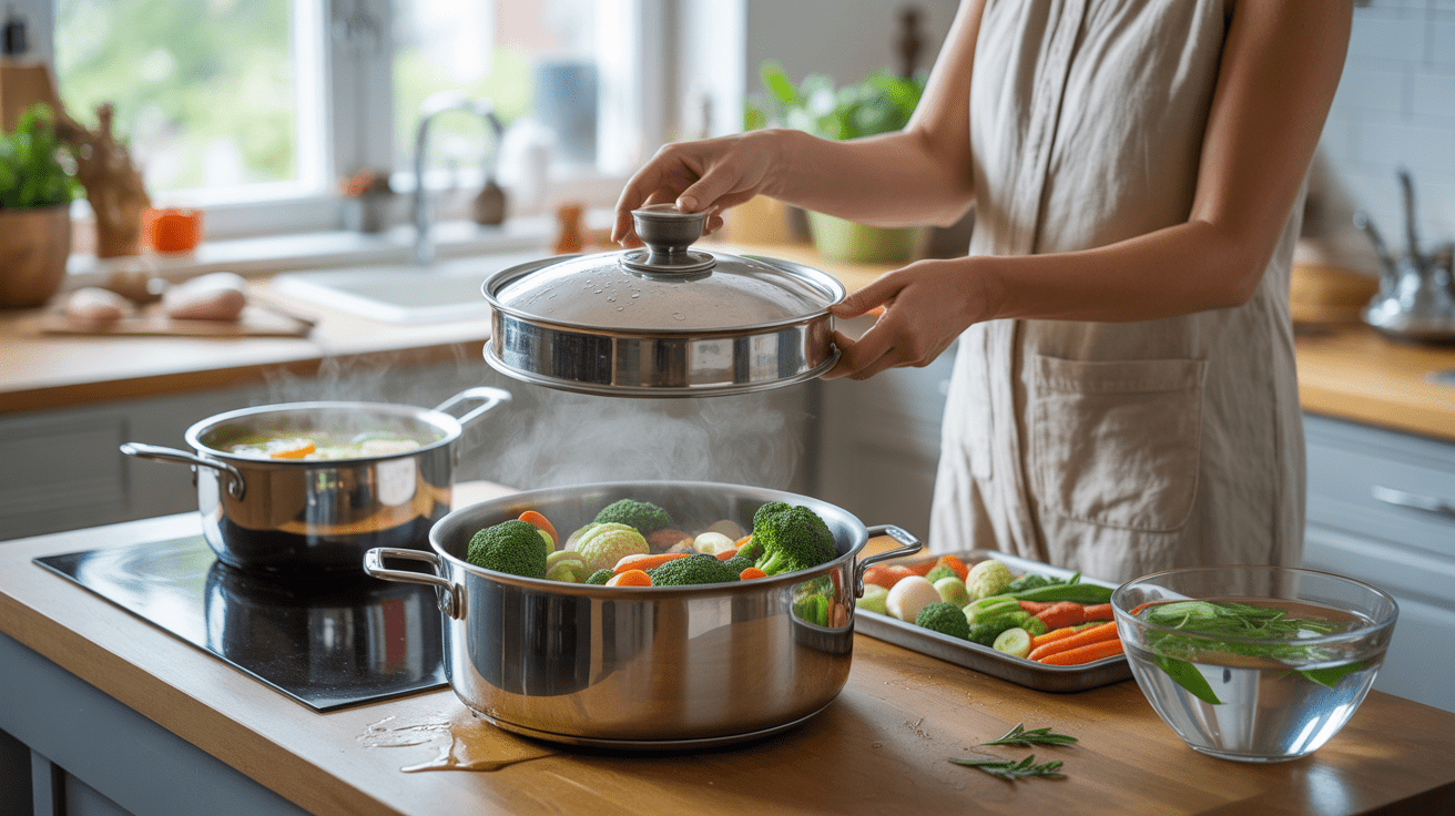 Cuisine realiste montrant une cuisson douce vapeur de legumes frais dans une cuisine authentique et lumineuse.