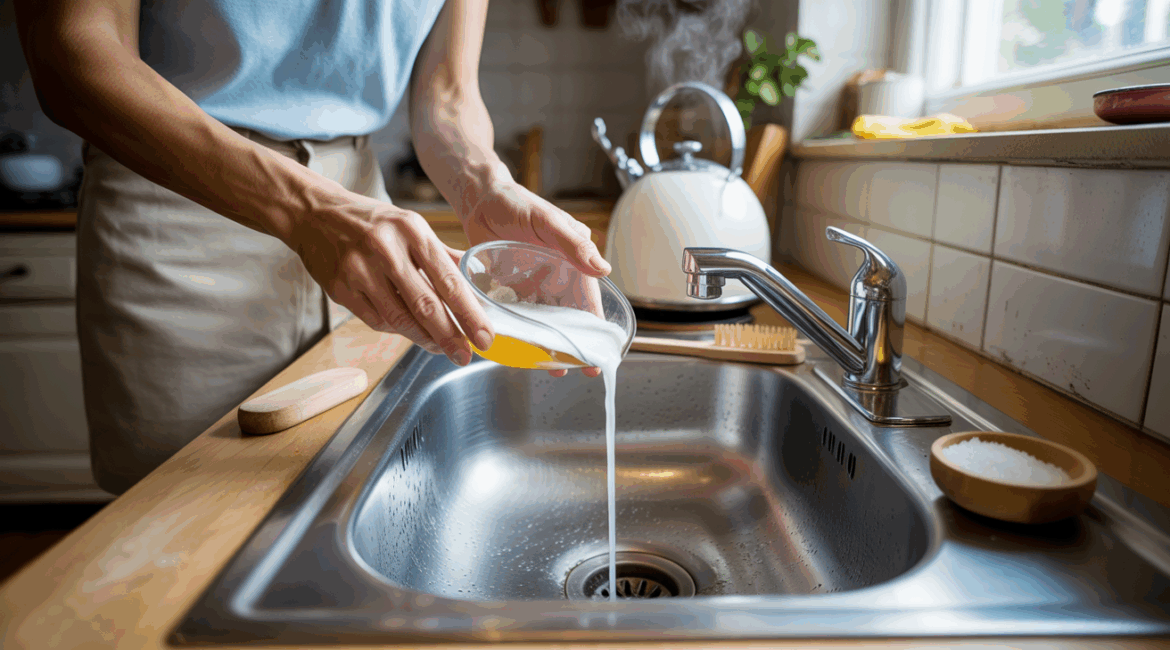 Scène réaliste d’une cuisine où une personne débouche un évier avec des méthodes naturelles comme le bicarbonate et le vinaigre, dans un décor authentique et lumineux.