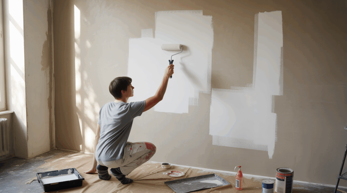Débutant en train de peindre un mur dans une pièce lumineuse, appliquant soigneusement la peinture avec un rouleau dans une scène réaliste et naturelle.