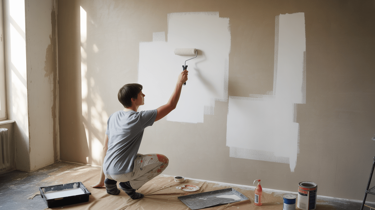 Débutant en train de peindre un mur dans une pièce lumineuse, appliquant soigneusement la peinture avec un rouleau dans une scène réaliste et naturelle.