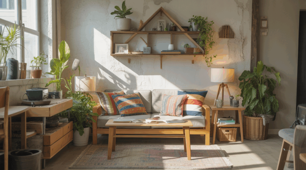 Salon réaliste et chaleureux décoré à petit budget avec meubles récupérés, plantes vertes et astuces déco simples.