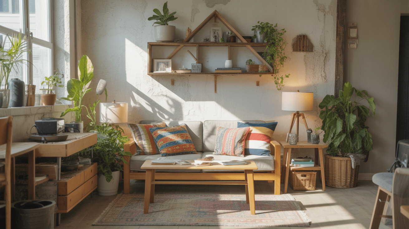 Salon réaliste et chaleureux décoré à petit budget avec meubles récupérés, plantes vertes et astuces déco simples.