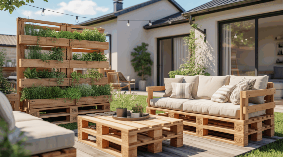 Scène extérieure réaliste montrant un patio décoré avec plusieurs créations tendance en palettes de bois dans une ambiance naturelle et chaleureuse.