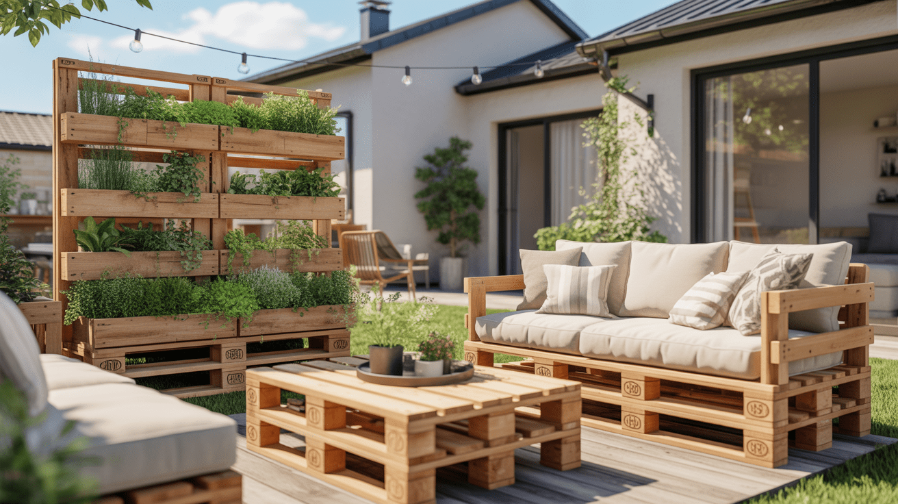 Scène extérieure réaliste montrant un patio décoré avec plusieurs créations tendance en palettes de bois dans une ambiance naturelle et chaleureuse.