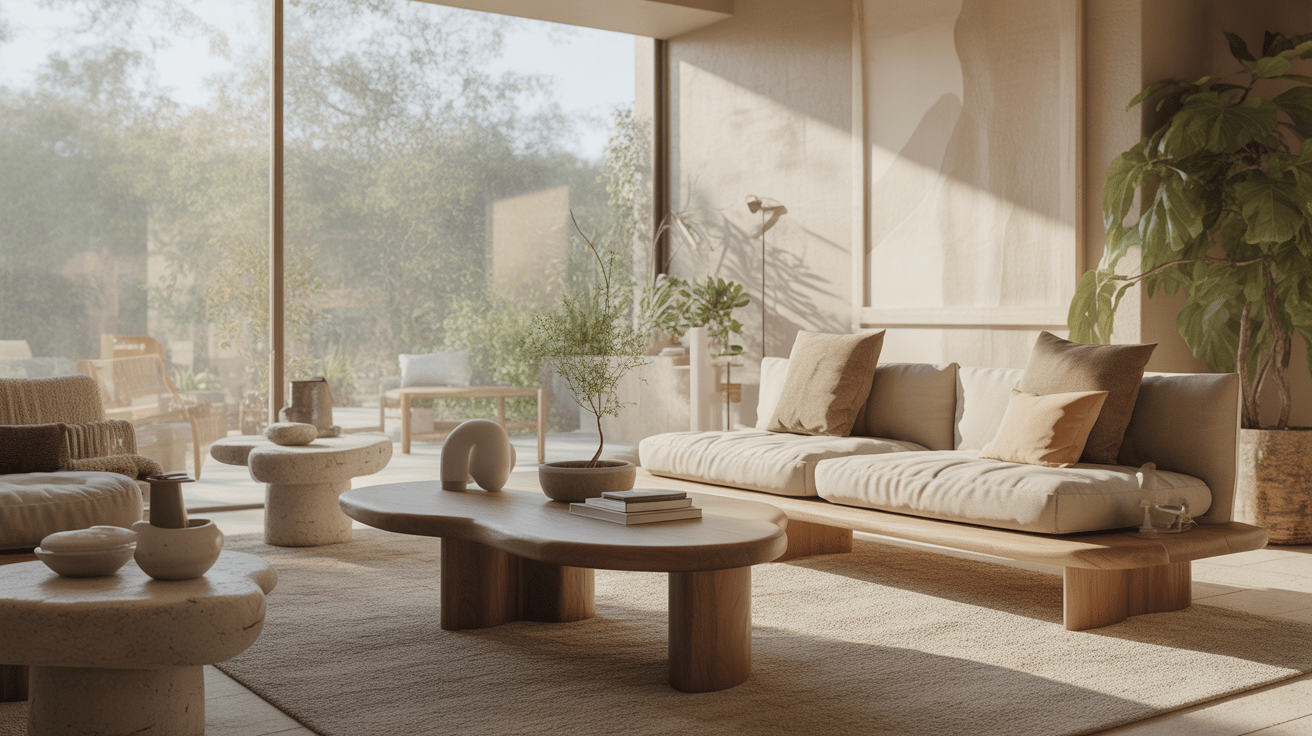 Salon moderne réaliste baigné de lumière naturelle avec mobilier contemporain, textures chaleureuses et détails authentiques pour illustrer les tendances déco 2026.