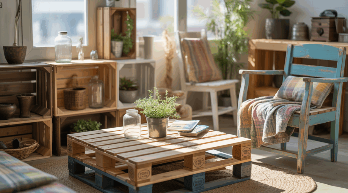 Salon chaleureux décoré avec des objets récupérés et réutilisés de manière créative, dans une ambiance naturelle et authentique.
