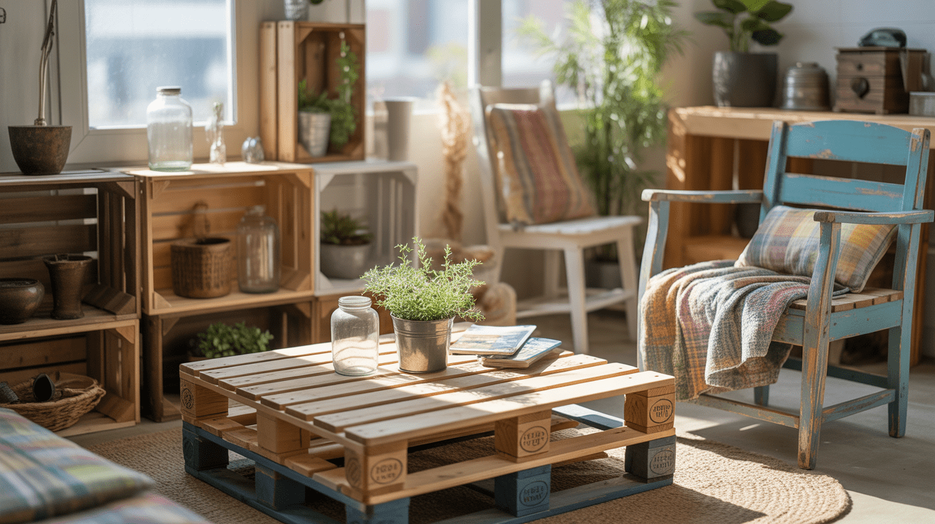 Salon chaleureux décoré avec des objets récupérés et réutilisés de manière créative, dans une ambiance naturelle et authentique.