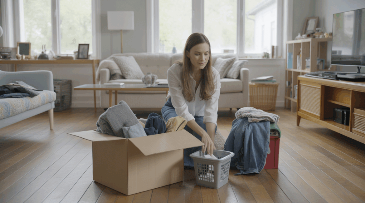 Scène réaliste d’un salon ensoleillé où une personne trie des objets pour désencombrer sa maison, avec des détails authentiques et une ambiance naturelle.