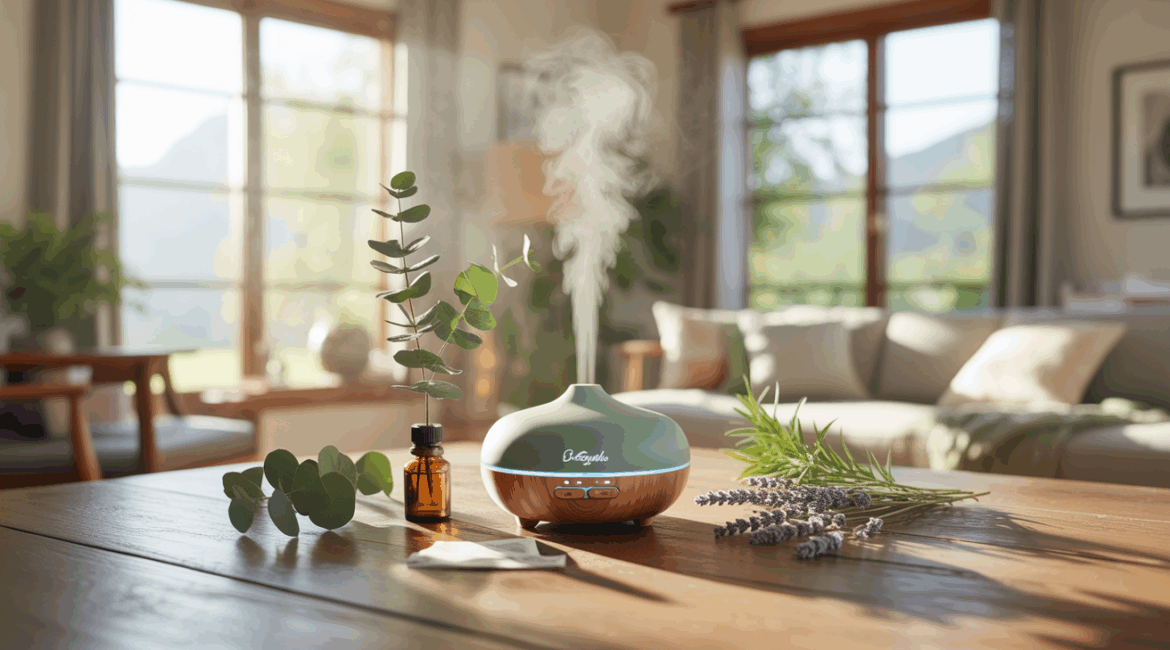 Scène réaliste d’un diffuseur d’huiles essentielles sur une table en bois dans un salon lumineux avec des plantes et une lumière naturelle.