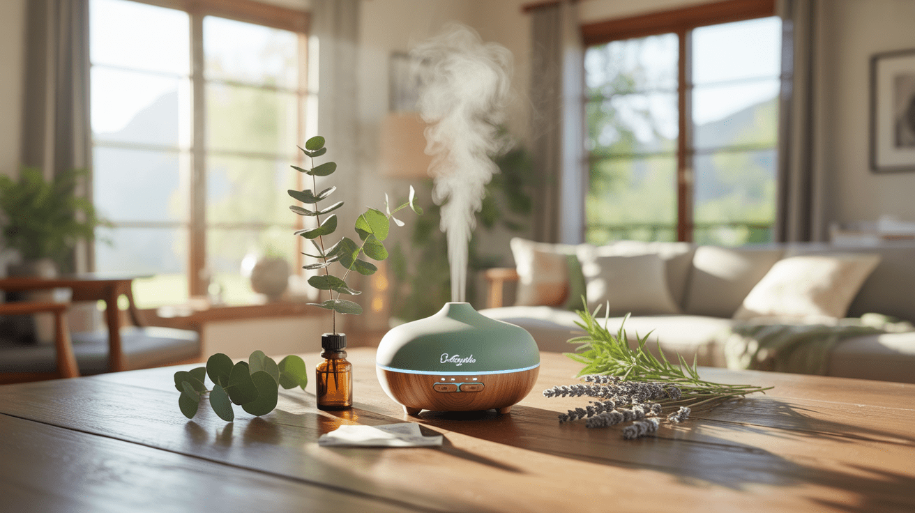 Scène réaliste d’un diffuseur d’huiles essentielles sur une table en bois dans un salon lumineux avec des plantes et une lumière naturelle.
