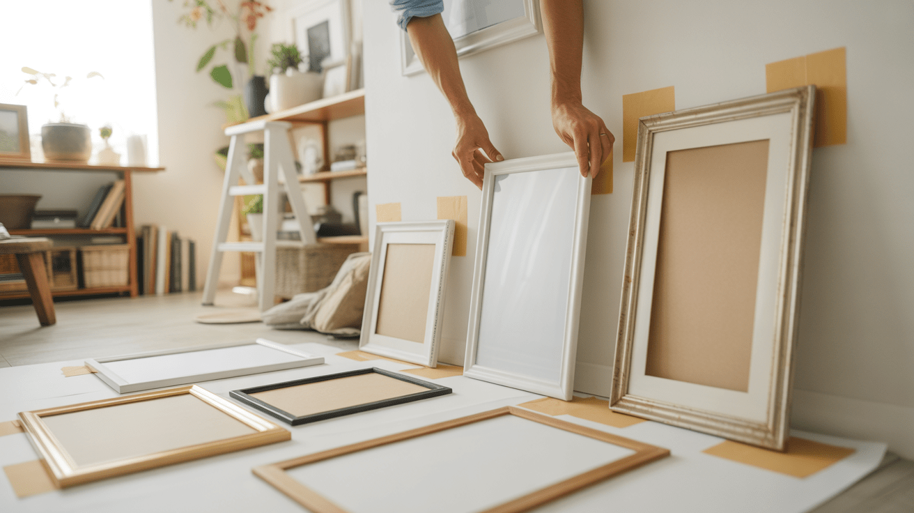 Personne ajustant des gabarits en papier pour disposer des cadres photos sur un mur dans un salon lumineux et naturel.