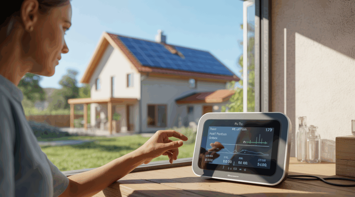 Scène réaliste montrant une maison moderne avec panneaux solaires et une interface domotique affichant la production d’énergie.