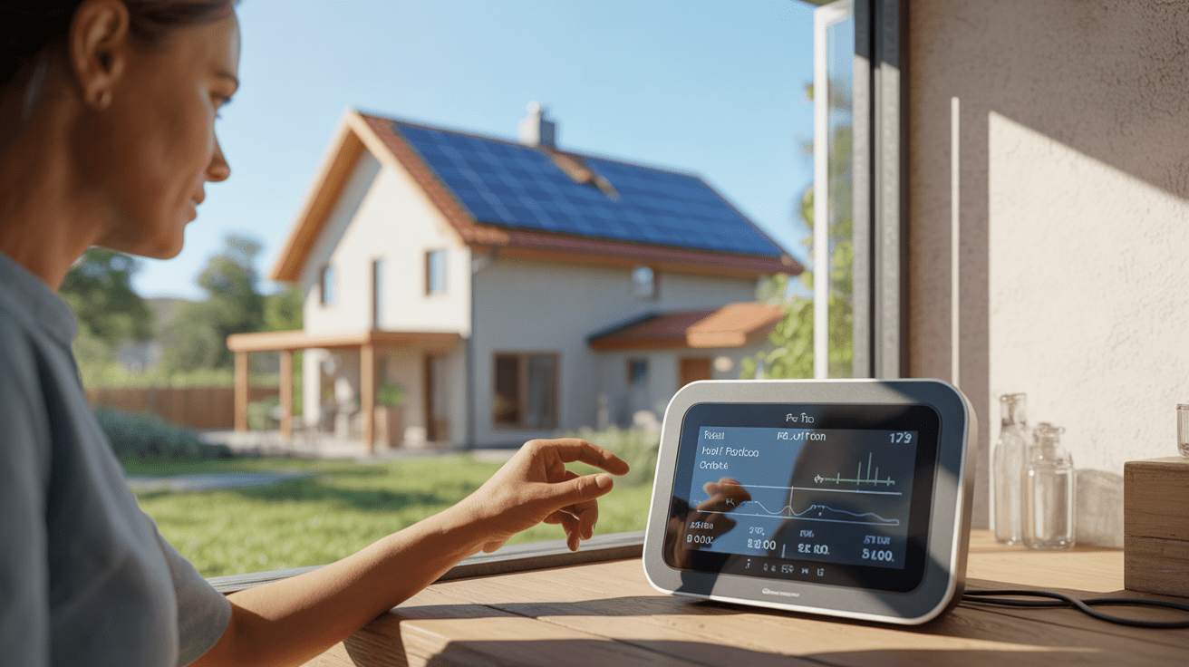 Scène réaliste montrant une maison moderne avec panneaux solaires et une interface domotique affichant la production d’énergie.