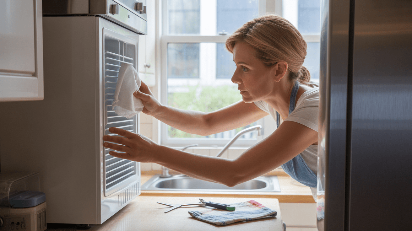 Personne réalisant un entretien simple dans une cuisine réaliste pour prévenir les pannes d’appareils ménagers.