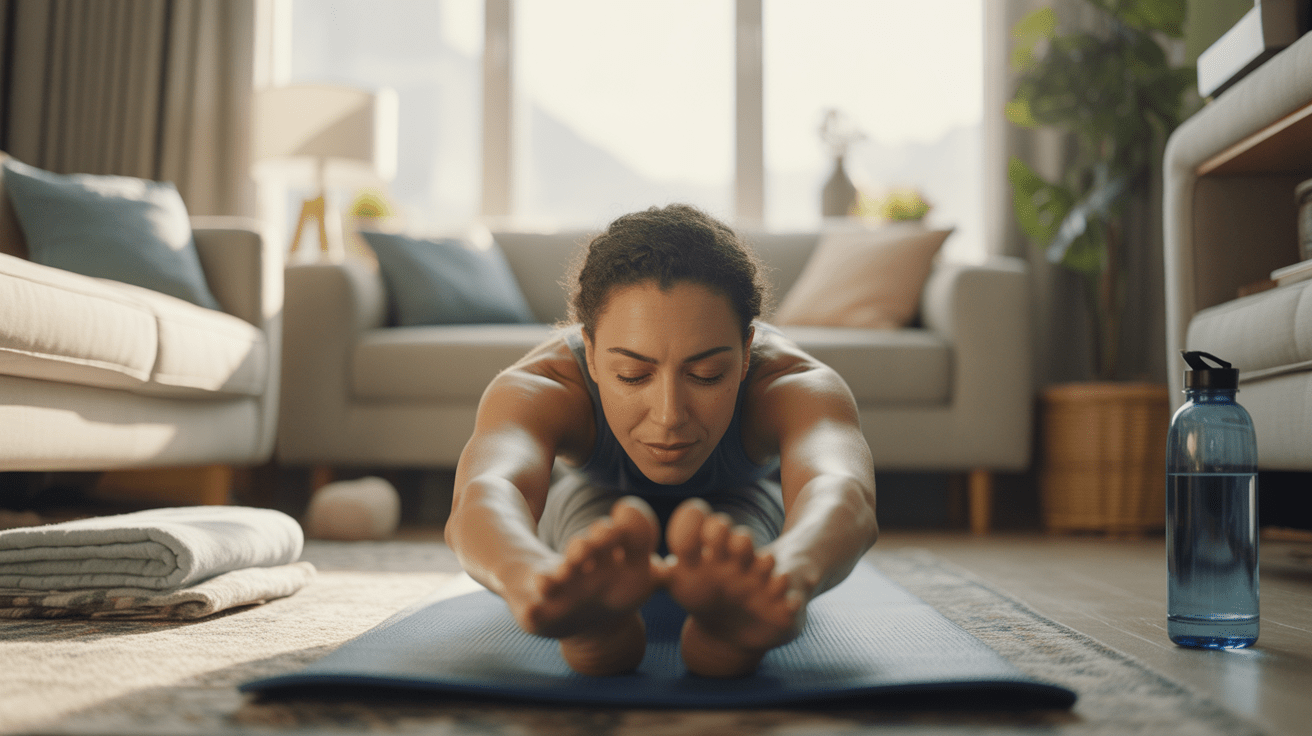 Personne faisant des étirements matinaux dans un salon lumineux et réaliste, ambiance calme et naturelle.