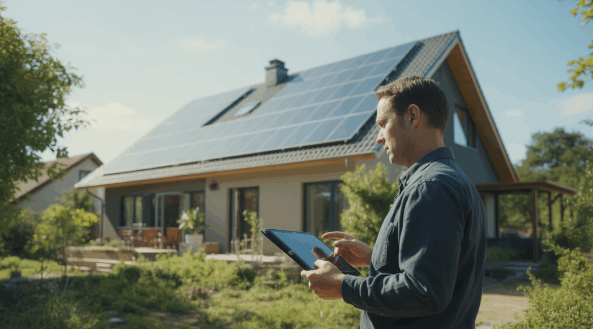 Maison réelle avec panneaux solaires sur le toit et technicien évaluant l’installation dans un jardin naturel