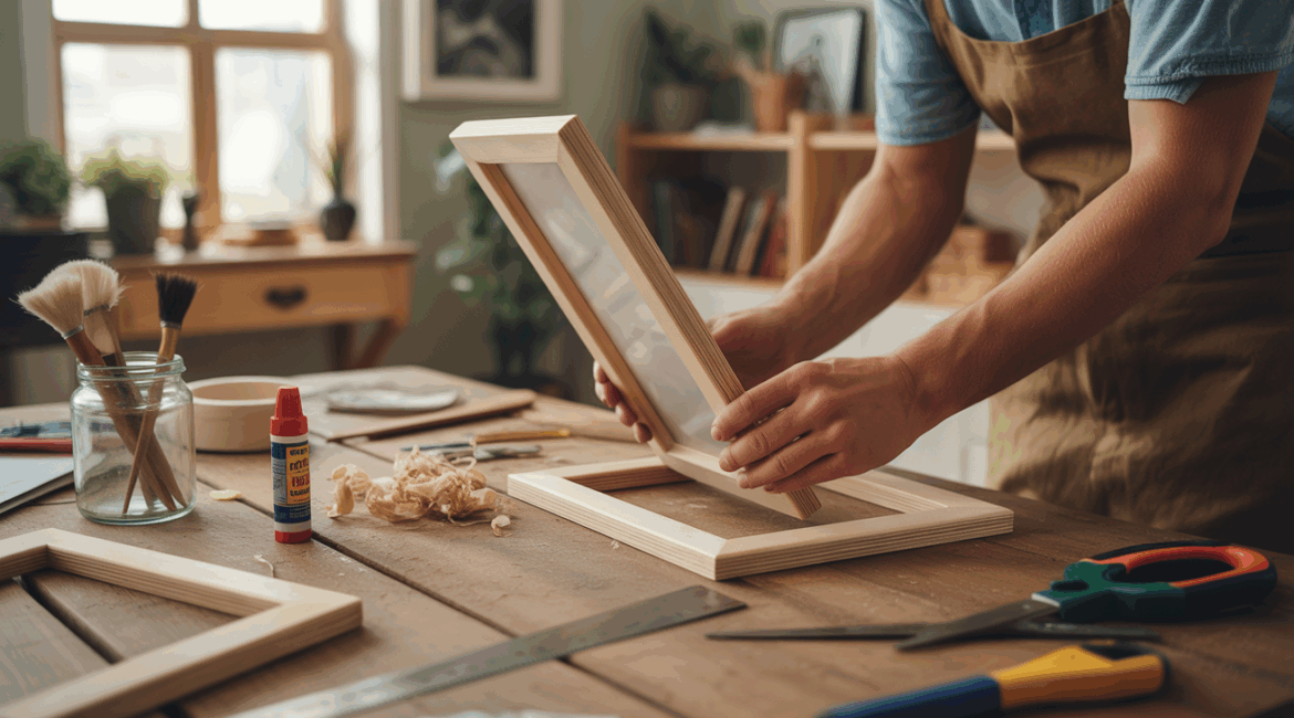 Atelier réaliste montrant la fabrication artisanale d’un cadre photo sur une table en bois avec outils et lumière naturelle.