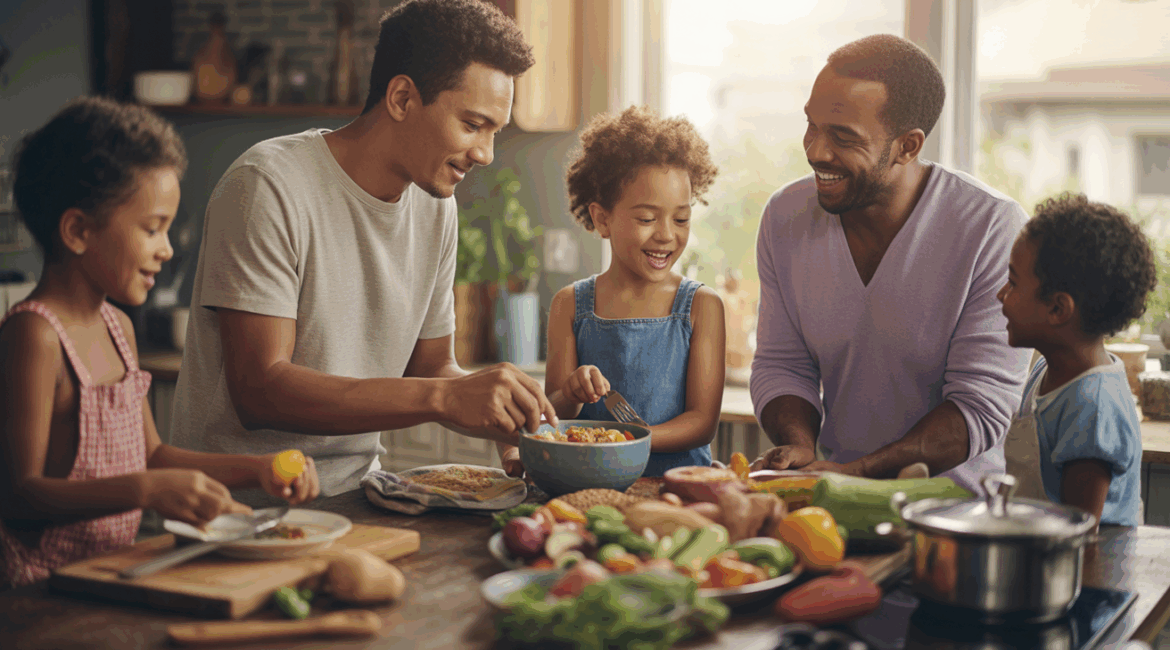 Famille préparant ensemble un repas équilibré dans une cuisine chaleureuse et réaliste, avec des aliments frais et colorés sur une table en bois.