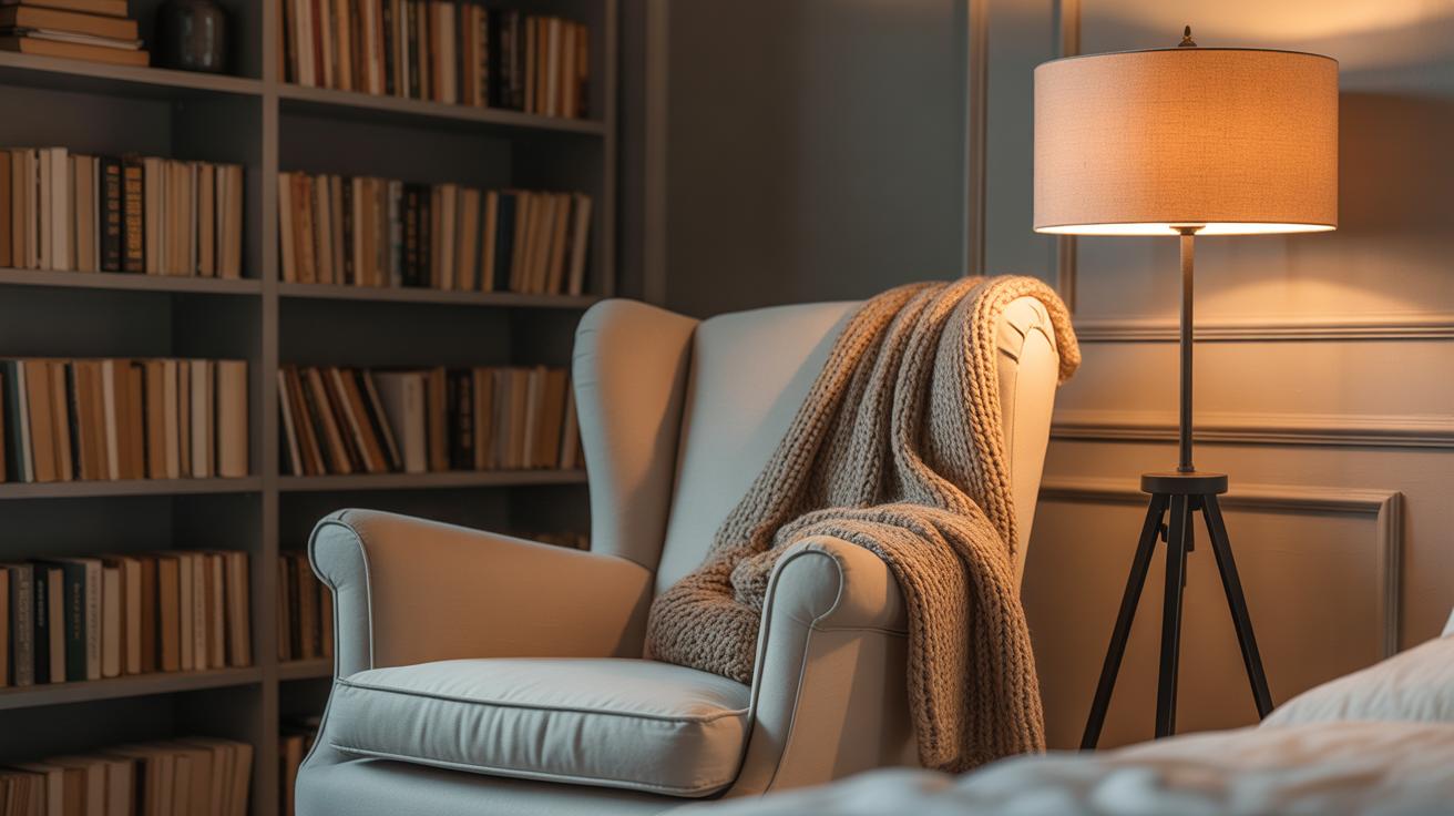 Coin détente avec fauteuil ivoire et lampe tamisée près d’une bibliothèque