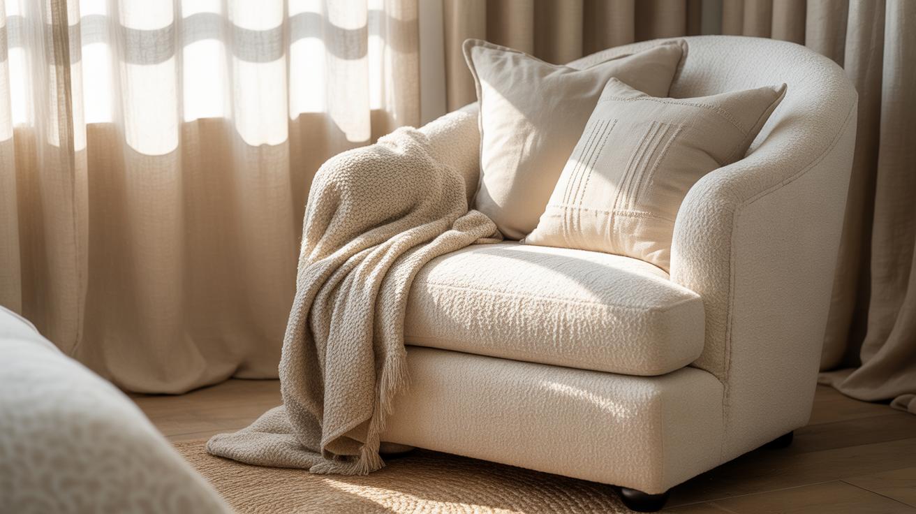 Intérieur de chambre apaisant avec fauteuil en tissu bouclé et lumière tamisée
